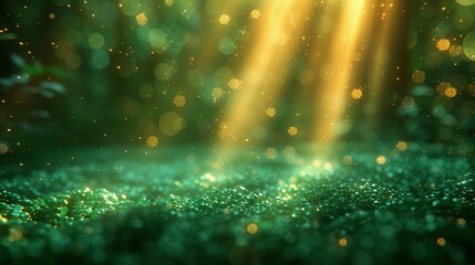 A beautiful green landscape with sunrays coming from the side making gold sparkles.  - obrazy, fototapety, plakaty