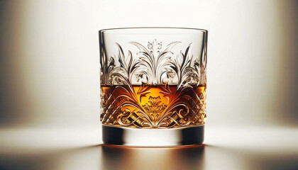 Glass of whiskey, filled with a rich amber liquid - obrazy, fototapety, plakaty