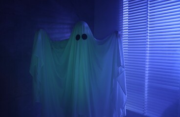 Creepy ghost. Woman covered with sheet near window in blue light