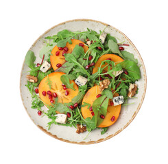 Tasty salad with persimmon, blue cheese, pomegranate and walnuts isolated on white, top view