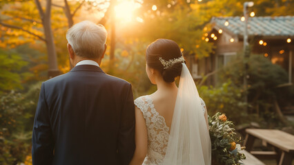 A poignant moment as a bride walks down the aisle with her father, bathed in the golden light of a sunset, symbolizing a new beginning.