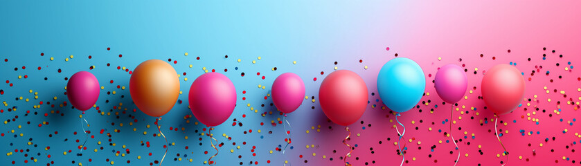 Brightly colored balloons with sparkling confetti on a gradient background, evoking festive celebration and joy. Perfect for simple poster layouts.