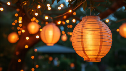 Obraz premium With a backdrop of twilight's serene blue hues, the enchanting evening scene was adorned with hanging lanterns and roses, weaving a spell of magic and romance