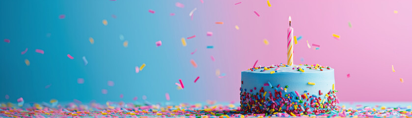 Single lit candle on a small birthday cake with pink frosting and colorful confetti on a blue-pink gradient background. Perfect for simple poster layouts.