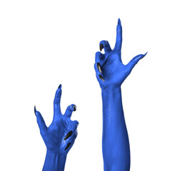Creepy monster. Blue hands with claws isolated on white