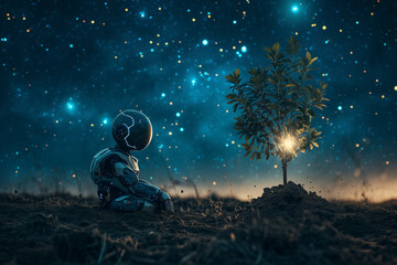 Environment concept, A futuristic robot sits beside a young tree under a starry night sky, a poetic depiction of technology meeting nature. - obrazy, fototapety, plakaty