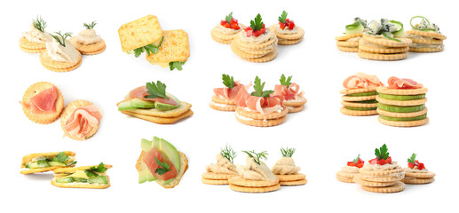 Delicious crackers with different toppings isolated on white, set