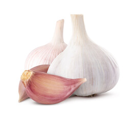 Fresh garlic bulbs and cloves isolated on white