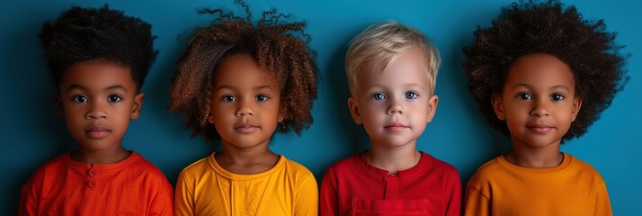 Positive kids of different races pose for a photo session, promoting diversity and unity in a colorful campaign.