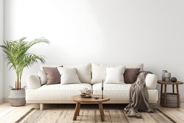 Interior Living Room, Empty Wall Mockup In White Room With Beige Sofa And Green Plants, 3d Render Real Room Template