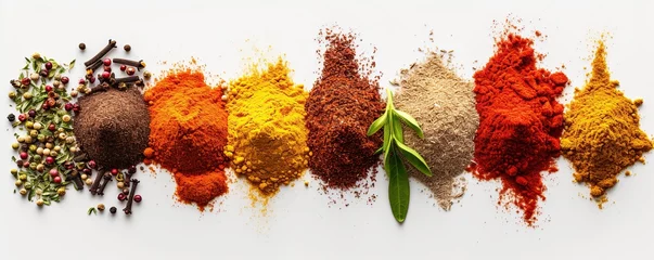 Poster row of different aromatic spices on white background, spices neatly arranged on white © Fajar