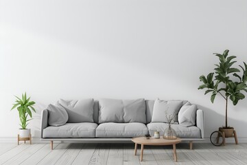Interior Living Room, Empty Wall Mockup In White Room With Grey Sofa And Green Plants, 3d Render Real Room Template