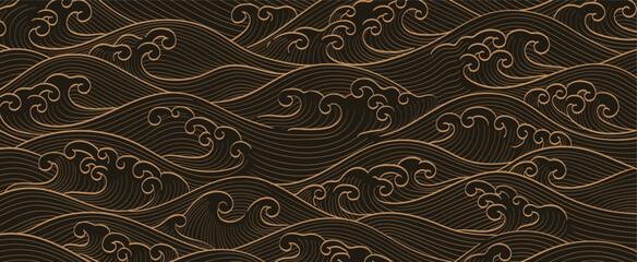 Abstract landscape with Japanese wave pattern vector. Nature art background with Chinese ocean sea template in oriental style.