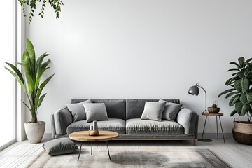 Interior Living Room, Empty Wall Mockup In White Room With Grey Sofa And Green Plants, 3d Render Real Room Template