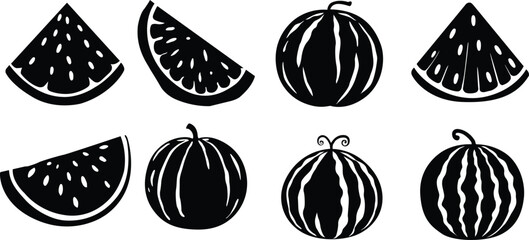 Watermelon silhouettes vector. set of black and white watermelons clipart.