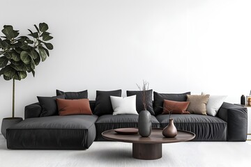 Interior Living Room, Empty Wall Mockup In White Room With Grey Sofa And Green Plants, 3d Render Real Room Template