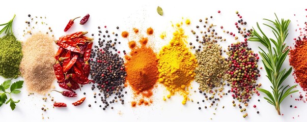 row of different aromatic spices on white background, spices neatly arranged on white - obrazy, fototapety, plakaty
