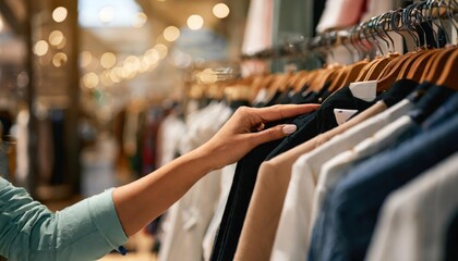 woman's hand choosing clothes in the store, selective focus - obrazy, fototapety, plakaty