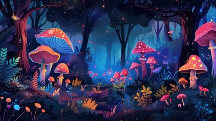 A dense enchanted forest with colorful mushrooms and mystical fairies in a starlit night