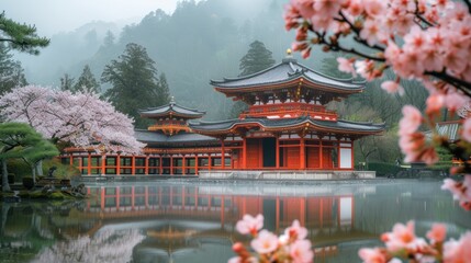 A traditional Japanese temple surrounded by blooming cherry blossoms during an alien invasion - obrazy, fototapety, plakaty
