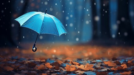 Blue umbrella in the autumn forest. Neural network AI generated art