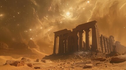 An ancient ruin in a desert with galactic constellations visible in the bright midday sky - obrazy, fototapety, plakaty