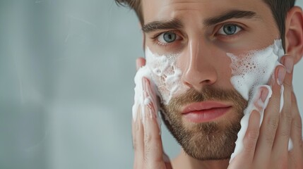 Handsome man taking care of face skin after shaving. Banner background design - Powered by Adobe