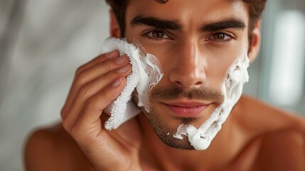 Handsome man taking care of face skin after shaving. Banner background design - obrazy, fototapety, plakaty