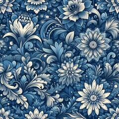 Seamless pattern with flowers blue wallpaper, ornament, decoration