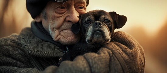 Obraz premium The little pug divides opinions with love or dislike, held up by an elderly man.