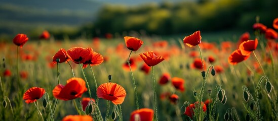 A meadow filled with flowering red poppies, a stunning natural landscape of vibrant petals among the green grass.
