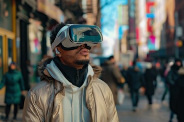 Fototapeta na wymiar Person with VR headset on urban street