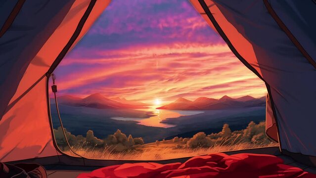 Animation in a camping tent with sunrise light in a mountain valley. Digital painting or cartoon style animated background. 4k loop animation.