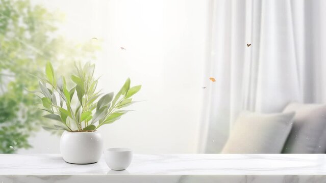 empty white marble stone table top and blurred living. modern living room. seamless looping overlay 4k virtual video animation background 