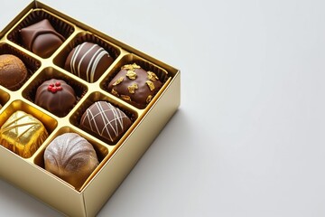 A golden box is filled with 12 assorted chocolates, each displaying different shapes, textures, and decorative patterns. The box is set against an isolated white background. 