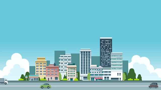 Illustration animation of cityscape in flat style/フラット スタイルの街並みのイラストアニメーション