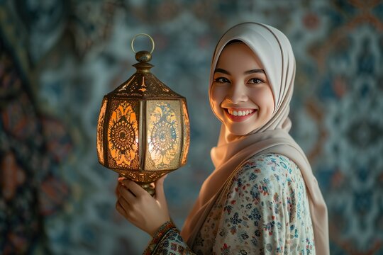 smile woman wearing a hijab with traditional Arab clothing holds an ornate Arabic lantern, marking the festive occasion of Ramadan.