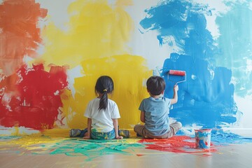 Kids siblings engaged in home room wall painting using paint roller , family doing DIY energy efficiency renovation work of their house,copy space.