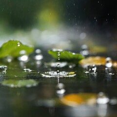close up raindrop falls with splash in macro.