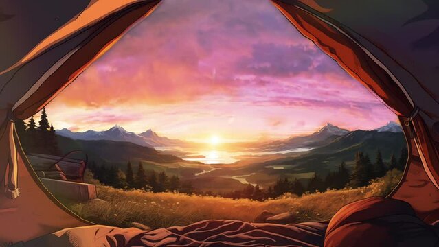 Animation in a camping tent with sunrise light in a mountain valley. Digital painting or cartoon style animated background. 4k loop animation.