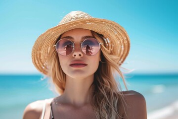 Woman in sunglasses on the beach.