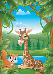 Cute squirrel and giraffe cartoon in the jungle