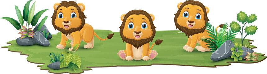Cute three lion cartoon in the grass
