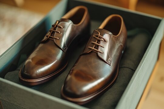 pair of stylish leather shoes with box display