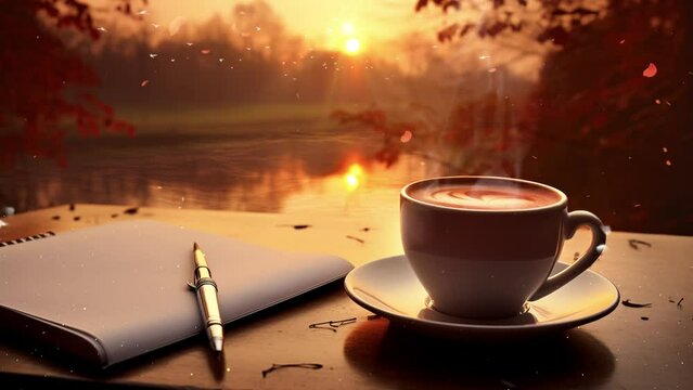 beautiful morning sky. silhouettes of sunrise morning coffee with a note and a pen. seamless looping overlay 4k virtual video animation background 