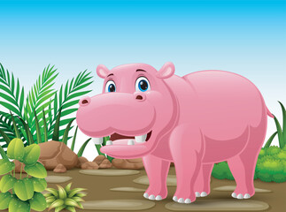 Cute hippo cartoon in the forest