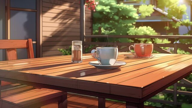 Animation of coffee cups and food on a wooden table in front of the house. Digital painting or cartoon style animated background. 4k loop animation.