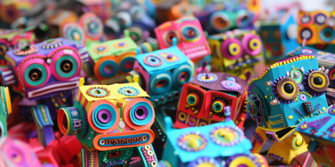 Fototapeta na wymiar a colorful arrangement of paper toy robots, generative AI