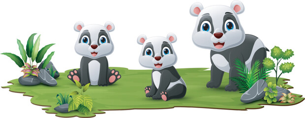Cute family pandas cartoon in the grass