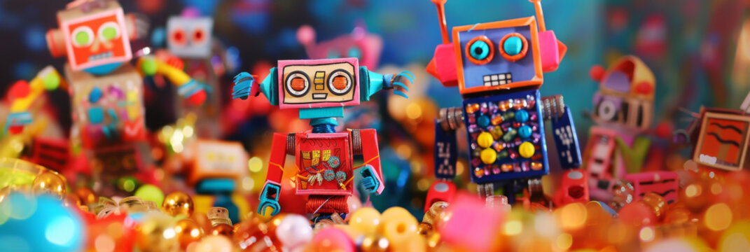 a colorful arrangement of paper toy robots, generative AI